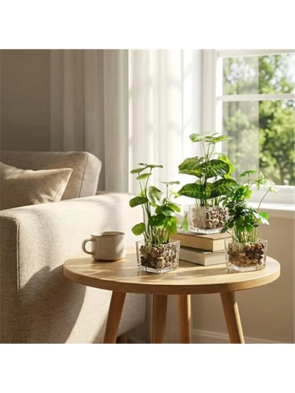 Artificial Plant Set Glass Cube Pots Faux Taro Lotus Clover Home Decor
